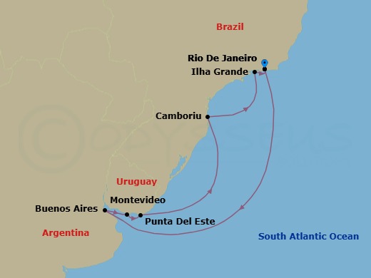 9 Night - South America Roundtrip from Rio De Janeiro - Costa Serena - Starting in Rio de Janeiro, Brazil, Buenos Aires, Argentina, Montevideo, Uruguay, Punta del Este, Uruguay, Camboriu, Brazil, Baia De Camboriu, Abraao (Ilha Grande), Rio de Janeiro, Brazil itinerary map