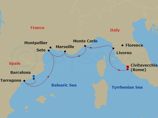 7 Night - Iconic Western Mediterranean - Viking Neptune - Starting in Barcelona, Barcelona (Tarragona), Sete, Marseille, Monte Carlo, Florence / Pisa (Livorno), Rome (Civitavecchia) itinerary map