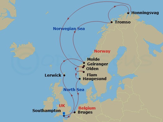 14 Night - Norwegian Fjords & Arctic Circle - Celebrity Apex - Starting in Southampton, England, Lerwick / Shetland, Scotland, Molde, Norway, Arctic Circle (Cruise), Tromso, Norway, Honningsvag, Norway, Arctic Circle (Cruise), Geiranger, Norway, Olden, Norway, Flam, Norway, Haugesund, Norway, Bruges, (Zeebrugge), Belgium, Southampton, England itinerary map