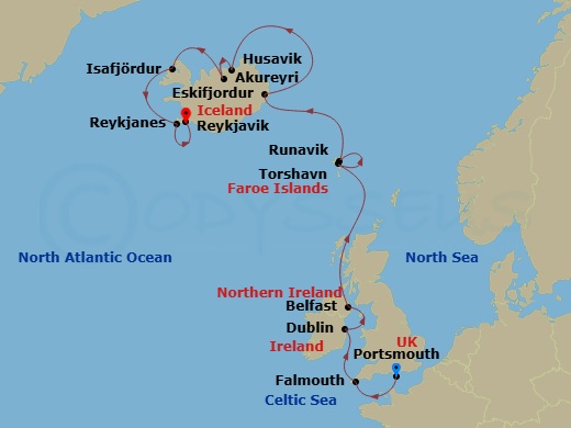 12 Night - Ireland & Iceland Cruise : Dublin, Akureyri & Reykjavik - Azamara Quest - Starting in Portsmouth UK, Falmouth, Dublin, Belfast, Northern Ireland, Torshavn, Runavik, Eskifjordur, Husavik, Akureyri, Isafjordur, Reykjanes, Reykjavik itinerary map