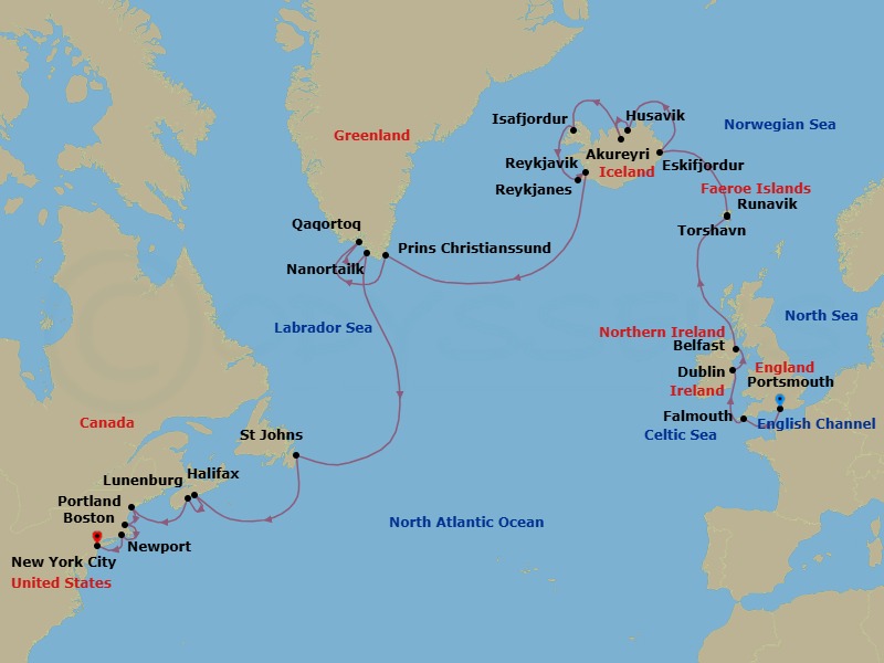 28 Night - Portsmouth to New York Transatlantic Combination Cruise - Azamara Quest - Starting in Portsmouth UK, Falmouth, Dublin, Belfast, Northern Ireland, Torshavn, Runavik, Eskifjordur, Husavik, Akureyri, Isafjordur, Reykjanes, Reykjavik, Prince Christian Sound, Qaqortoq (Julianehaab), Nanortalik, St Johns NF, Newfoundland, Halifax, Nova Scotia, Lunenburg, Nova Scotia, Portland ME, Boston, Massachusetts, Cape Cod Canal Cruising, Newport, Rhode Island, New York City, New York itinerary map