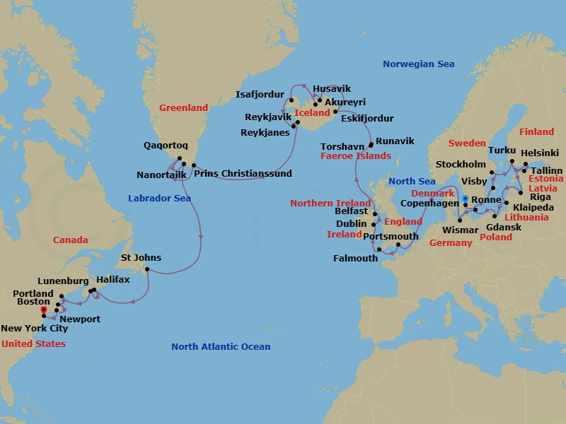 43 Night - Copenhagen to New York Transatlantic Grand Voyage - Azamara Quest - Starting in Copenhagen, Visby, Sweden, Stockholm, Turku, Helsinki, Tallinn, Riga, Klaipeda, Gdansk, Ronne, Bornholm, Wismar, Kiel Canal Cruising, Portsmouth UK, Falmouth, Dublin, Belfast, Northern Ireland, Torshavn, Runavik, Eskifjordur, Husavik, Akureyri, Isafjordur, Reykjanes, Reykjavik, Prince Christian Sound, Qaqortoq (Julianehaab), Nanortalik, St Johns NF, Newfoundland, Halifax, Nova Scotia, Lunenburg, Nova Scotia, Portland ME, Boston, Massachusetts, Cape Cod Canal Cruising, Newport, Rhode Island, New York City, New York itinerary map