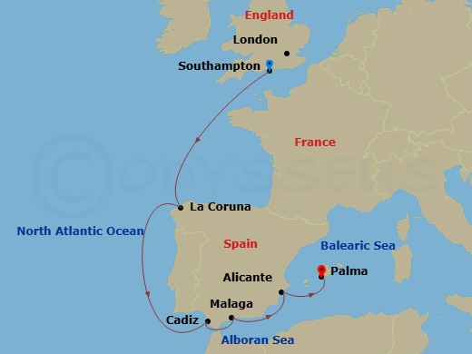 7 Night - Northern Europe - MSC Virtuosa - Starting in Southampton (London), United Kingdom, La Coruna (Santiago De Compostela), Spain, Cadiz (Seville), Spain, Malaga (Granada), Spain, Alicante, Spain, Palma De Mallorca (Balearic Islands), Spain itinerary map