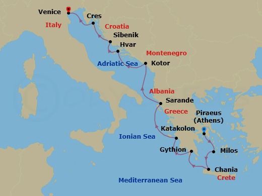 11 Night - Greece, Albania & Croatia - Star Flyer - Starting in Piraeus (Port of Athens), Greece, Milos / Adamas, Greece, Chania / Crete, Greece, Gythio, Greece, Katakolon, Greece, Saranda, Albania, Kotor, Montenegro, Hvar, Croatia, Sibenik, Croatia, Cres, Croatia, Venice, Italy itinerary map