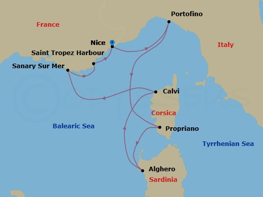 7 Night - Corsica & French Riviera - Royal Clipper - Starting in Nice, France, Portofino, Italy, Propriano / Corsica, France, Alghero / Sardinia, Italy, Calvi / Corsica, France, Sanary-sur-Mer, France, St Tropez, France, Nice, France itinerary map