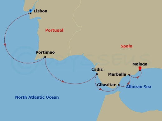 5 Night - Mediterranean Escape - Royal Clipper - Starting in Lisbon, Portugal, Portimao, Portugal, Cadiz, Spain, Gibraltar, British Overseas Territory, Puerto Banus (Marbella), Spain, Malaga, Spain itinerary map
