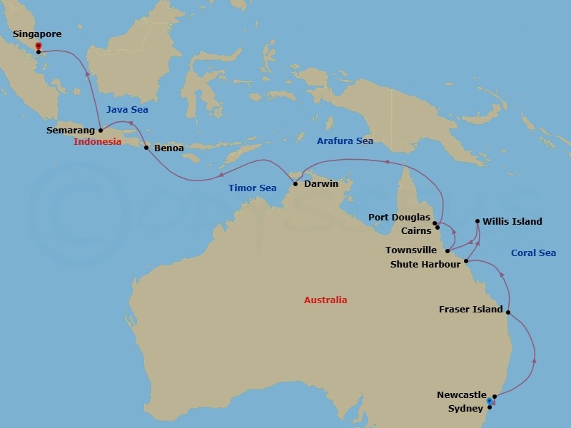 23 Night - Asia and Asia Pacific from Sydney to Singapore - Silver Moon - Starting in Sydney AU, Newcastle AU, KGari, Shute Harbor, Willis Island, Townsville, Port Douglas, Cairns, Darwin, Benoa, Semarang, Singapore itinerary map