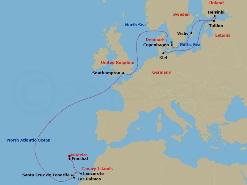 16 Night - Canary Islands and Madeira - MSC Euribia - Starting in Copenhagen, Denmark, Visby, Sweden, Helsinki, Finland, Tallinn, Estonia, Kiel, Germany, Southampton (London), United Kingdom, Las Palmas de Gran Canaria (Canary Islands), Spain, Santa Cruz de Tenerife, Arrecife De Lanzarote (Canary Islands), Spain, Funchal (Madeira Islands), Portugal itinerary map