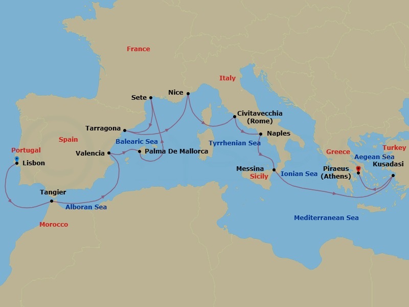 15 Night - Grand Mediterranean Discovery - Spain, Morocco, Portugal, Italy & Greece - Celestyal Discovery - Starting in Lisbon, Tangier, Morocco, Valencia, Spain, Palma De Mallorca, Spain, Sete, France, Tarragona, Nice, France, Civitavecchia, Italy, Napoli, Italy, Messina, Italy, Kusadasi, Piraeus, Athens itinerary map