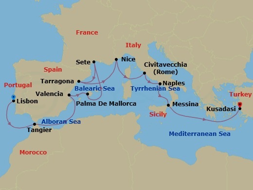 14 Night - Grand Mediterranean Discovery - Spain, Morocco, Portugal, Italy & Greece - Celestyal Discovery - Starting in Lisbon, Tangier, Morocco, Valencia, Spain, Palma De Mallorca, Spain, Sete, France, Tarragona, Nice, France, Civitavecchia, Italy, Napoli, Italy, Messina, Italy, Kusadasi itinerary map