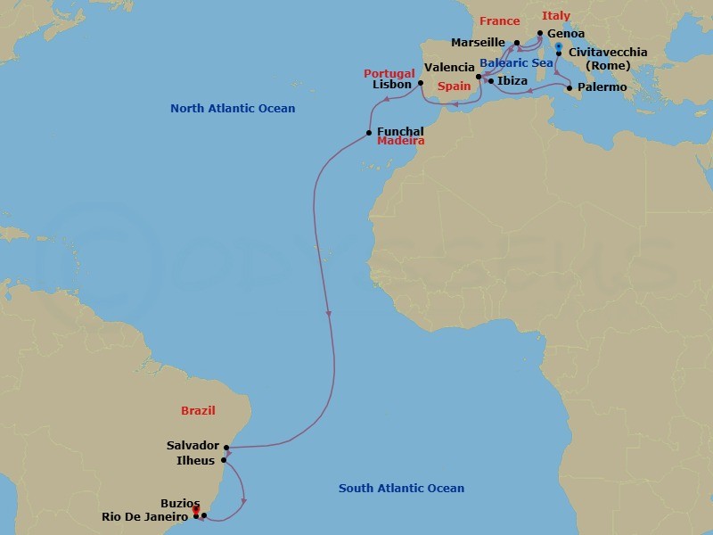 23 Night - Msc Grand Voyages - MSC Musica - Starting in Civitavecchia (Rome), Italy, Palermo (Monreale), Italy, Ibiza (Balearic Islands), Spain, Valencia, Spain, Marseille (Provence), France, Genoa (Portofino), Italy, Marseille (Provence), France, Valencia, Spain, Lisbon (Cascais), Portugal, Funchal (Madeira Islands), Portugal, Salvador, Brazil, Ilheus, Brazil, Buzios, Brazil, Rio De Janeiro, Brazil itinerary map