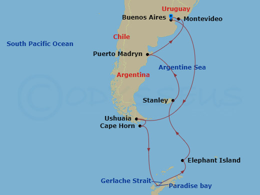 14 Night - Antarctica Cruise - Celebrity Equinox - Starting in Buenos Aires, Argentina, Ushuaia, Argentina, Cape Horn, Chile, Schollaert Channel, Antarctica, Paradise Bay, Antarctica, Gerlache Strait, Elephant Island, Antarctica, Port Stanley, Falkland Islands, Puerto Madryn, Argentina, Montevideo, Uruguay, Buenos Aires, Argentina itinerary map