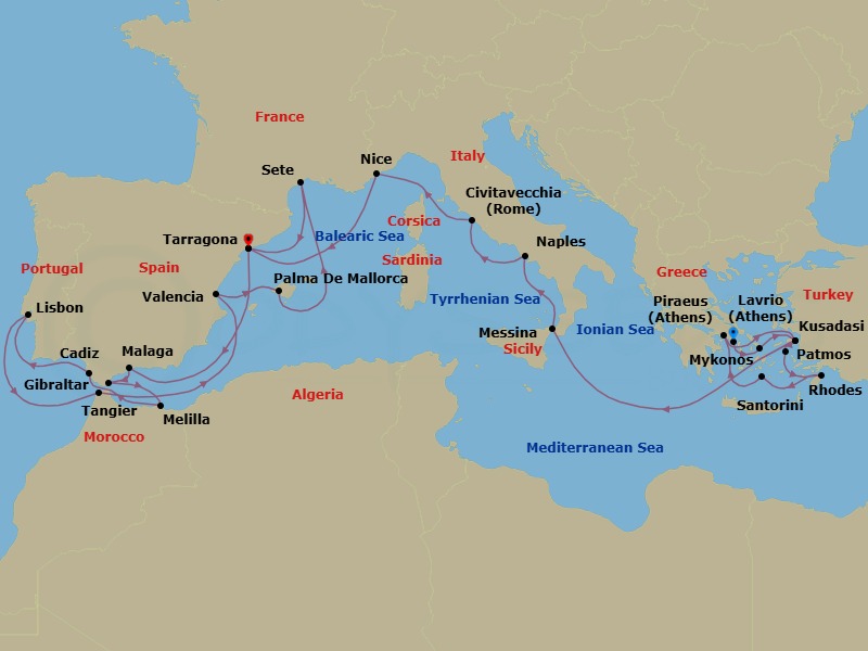 26 Night - Combination Cruise Athens to Tarragona - Celestyal Discovery - Starting in Lavrion, Athens, Mykonos, Kusadasi, Patmos, Rhodes, Santorini, Piraeus, Athens, Kusadasi, Messina, Italy, Napoli, Italy, Civitavecchia, Italy, Nice, France, Tarragona, Malaga, Spain, Gibraltar, Melilla, Spain, Cadiz, Spain, Lisbon, Tangier, Morocco, Valencia, Spain, Palma De Mallorca, Spain, Sete, France, Tarragona itinerary map
