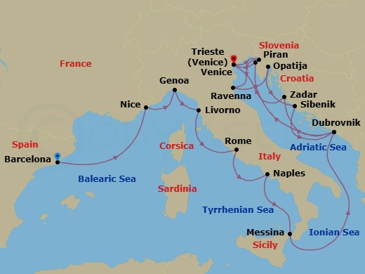 25 Night - Star Collector : Europe's Southern Coasts & the Adriatic - Wind Spirit - Starting in Barcelona, Nice, Genoa, Livorno, Civitavecchia, Rome, Naples, Messina, Taormina, Dubrovnik, Croatia, Zadar, Venice, Trieste, Ravenna, Opatija, Sibenik, Dubrovnik, Croatia, Piran, Venice itinerary map