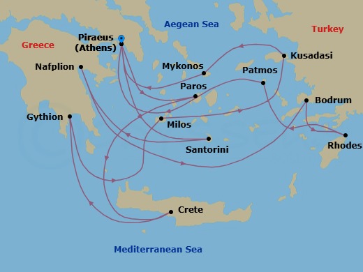 14 Night - Southern Europe Roundtrip from Athens - Silver Nova - Starting in Athens, Paros, Souda Bay, Gythion, Milos, Kusadasi, Mykonos, Athens, Santorini, Nafplion, Bodrum, Rhodes, Patmos, Athens itinerary map