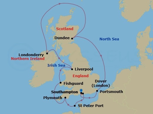 12 Night - Southampton to Southampton - Silver Spirit - Starting in Southampton, Portsmouth UK, St Peter Port, Plymouth, England, Fishguard, Wales, Liverpool, Greencastle (Londonderry), Dundee, Dover UK (London), England, Southampton itinerary map