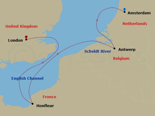 5 Night - Quick Getaways : Timeless Maritime Powerhouses of Northern Europe - Star Pride - Starting in Amsterdam, Antwerp, Cruising Scheldt River, Honfleur, Cruising Thames River, London / Hms Belfast itinerary map