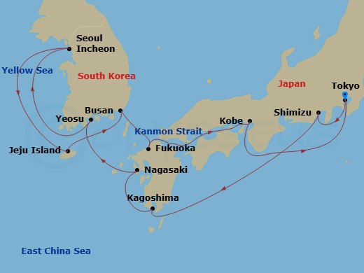 15 Night - Japan & South Korea Discovery - Westerdam - Starting in Tokyo, Japan, Shimizu, Japan, Kagoshima, Japan, Nagasaki, Japan, Yeosu, South Korea, Incheon (Seoul), South Korea, Jeju (Cheju) City, South Korea, Busan (Pusan), South Korea, Fukuoka (Hakata), Japan, Scenic Cruising Kanmon Straits, Kobe, Japan, Tokyo, Japan itinerary map