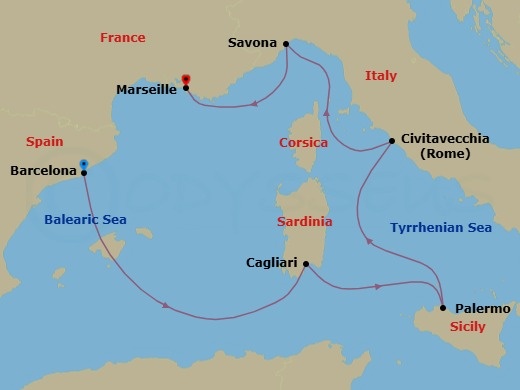 6 Night - Europe from Barcelona to Marseille - Costa Smeralda - Starting in Barcelona, Cagliari, Palermo, Civitavecchia (Rome), Savona, Marseille itinerary map