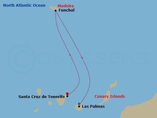 3 Night - Western Mediterranean from Las Palmas (Gran Canaria) - Costa Smeralda - Starting in Las Palmas (Gran Canaria), Funchal (Madeira), Santa Cruz de Tenerife itinerary map