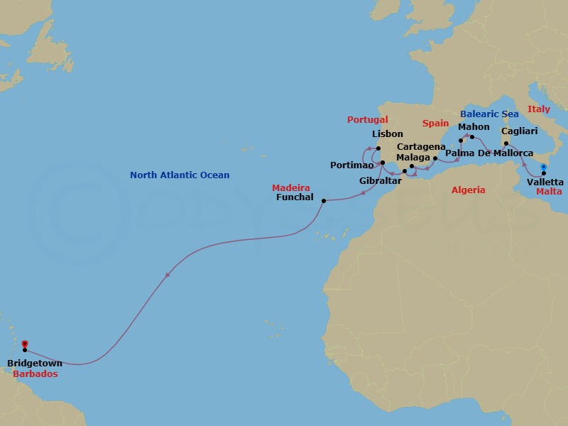 25 Night - Westbound Atlantic Ocean Crossing - Royal Clipper - Starting in Valletta, Malta, Cagliari / Sardinia, Italy, Mahon / Menorca / Balearic Islands, Spain, Palma De Mallorca, Mallorca / Balearic Islands, Spain, Cartagena ES, Malaga, Spain, Gibraltar, British Overseas Territory, Portimao, Portugal, Lisbon, Portugal, Portimao, Portugal, Funchal, Madeira, Portugal, Bridgetown, Barbados itinerary map