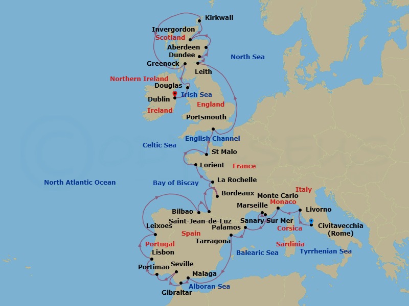 35 Night - Rome to Dublin Grand Voyage - Azamara Journey - Starting in Rome (Civitavecchia), Florence / Pisa (Livorno), Monte Carlo, Provence (Marseille), Sanary-sur-mer, Palamos, Barcelona (Tarragona), Malaga, Gibraltar, Seville, Portimao, Lisbon, Porto (Leixoes), Bilbao, St Jean De Luz, Bordeaux, La Rochelle, France, Lorient, Saint-malo, Portsmouth UK, Leith (Edinburgh), Scotland, Dundee, Scotland, Aberdeen, Scotland, Invergordon, Scotland, Kirkwall, Orkney Islands, Scotland, Glasgow (Greenock), Scotland, Douglas, Dublin itinerary map