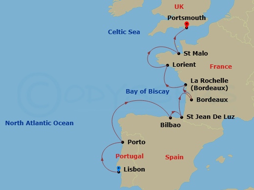 10 Night - Portugal, Spain & France Cruise : Porto, Bilbao & Bordeaux - Azamara Journey - Starting in Lisbon, Porto (Leixoes), Bilbao, St Jean De Luz, Bordeaux, La Rochelle, France, Lorient, Saint-malo, Portsmouth UK itinerary map