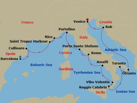 16 Night - Star Collector : Prix Du Monde of Monaco : a Mediterranean Circuit - Wind Spirit - Starting in Barcelona, Collioure, St Tropez, Nice, Portofino, Porto Santo Stefano, Civitavecchia, Rome, Amalfi, Vibo Valentia / Marina Velentia, Reggio di Calabria, Taranto, Otranto, Rab, Venice itinerary map
