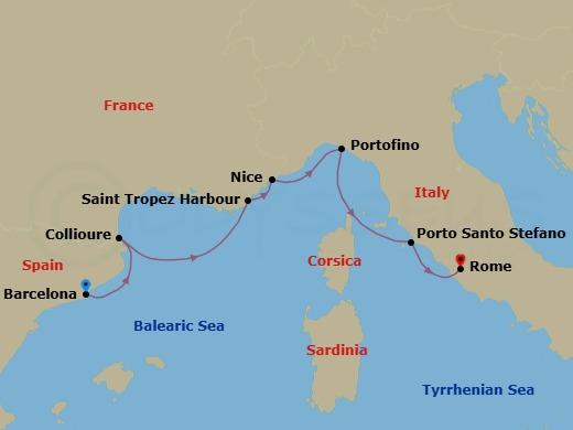 7 Night - Race Day & Riviera Charm : Prix Du Monde of Monaco - Wind Spirit - Starting in Barcelona, Collioure, St Tropez, Nice, Portofino, Porto Santo Stefano, Civitavecchia, Rome itinerary map