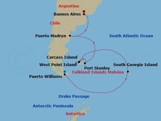 21 Night - Puerto Williams to Buenos Aires - Silver Endeavour - Starting in Puerto Williams, Drake Passage, Antarctic Peninsula, South Georgia, Carcass Islands, Falklands, West Point Island, Port Stanley, Falkland Islands, Puerto Madryn, Buenos Aires itinerary map