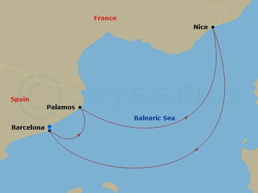 5 Night - Grand Prix Weekend Cruise : Barcelona, Saint Tropez & Nice - Azamara Onward - Starting in Barcelona, Palamos, Nice, Barcelona itinerary map