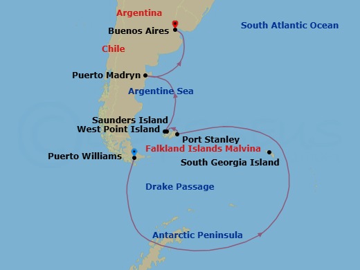 21 Night - Puerto Williams to Buenos Aires - Silver Wind - Starting in Puerto Williams, Drake Passage, Antarctic Peninsula, South Georgia, Port Stanley, Falkland Islands, Saunders Island, West Point Island, Puerto Madryn, Buenos Aires itinerary map