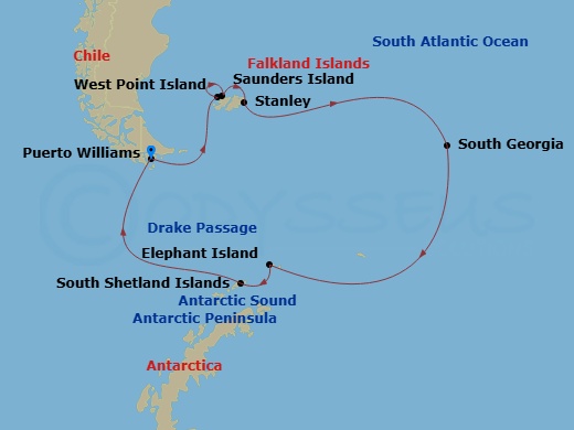 18 Night - Puerto Williams to Puerto Williams - Silver Wind - Starting in Puerto Williams, West Point Island, Saunders Island, Port Stanley, Falkland Islands, South Georgia, Elephant Island, Antarctic Sound, Antarctic Peninsula, South Shetland Islands, Drake Passage, Puerto Williams itinerary map