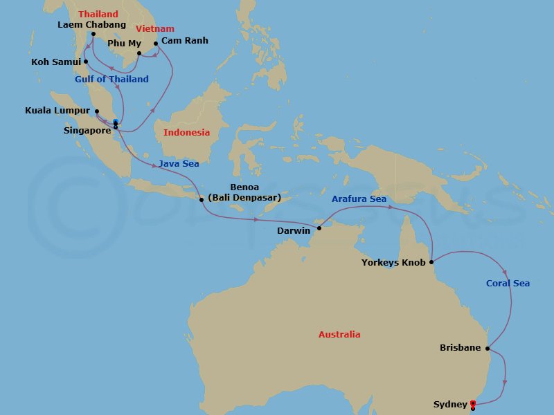 26 Night - Asia & Australia - Royal Princess - Starting in Singapore, Kuala Lumpur (Port Kelang), Malaysia, Cam Ranh (Nha Trang), Vietnam, Ho Chi Minh City (Phu My), Vietnam, Laem Chabang (for Bangkok), Thailand, Ko Samui, Thailand, Singapore, Bali (Benoa), Indonesia, Darwin, Australia, Yorkeys Knob (Cairns), Australia, Brisbane, Australia, Sydney AU itinerary map