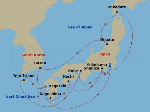 17 Night - Grand Circle Japan - Diamond Princess - Starting in Tokyo (Yokohama), Japan, Nagasaki, Japan, Jeju (Seogwipo), South Korea, Kobe (for Kyoto), Japan, Shimizu (for Mount Fuji), Japan, Tokyo (Yokohama), Japan, Hakodate, Japan, Niigata, Japan, Busan, South Korea, Nagasaki, Japan, Kagoshima, Japan, Kochi, Japan, Shimizu (for Mount Fuji), Japan, Tokyo (Yokohama), Japan itinerary map