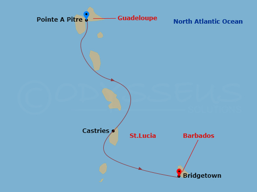 2 Night - South Caribbean - MSC World Europa - Starting in Pointe-A-Pitre, Guadeloupe, Castries, Saint Lucia, Bridgetown, Barbados itinerary map