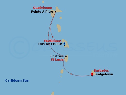 3 Night - South Caribbean - MSC World Europa - Starting in Fort-de-France, Martinique, Pointe-A-Pitre, Guadeloupe, Castries, Saint Lucia, Bridgetown, Barbados itinerary map