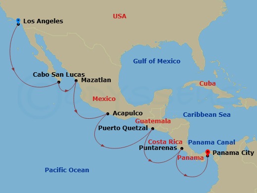 12 Night - Sapphire Sojourn - Seven Seas Prestige - Starting in Los Angeles, Cruising the Pacific Ocean, Cabo San Lucas, Mazatlan, Cruising the Pacific Ocean, Acapulco, Cruising the Pacific Ocean, Puerto Quetzal, Cruising the Pacific Ocean, Puntarenas, Cruising the Pacific Ocean, Panama City itinerary map