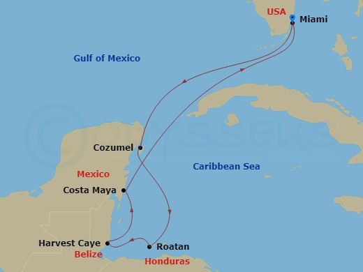 7 Night - Mystical Maya - Seven Seas Grandeur - Starting in Miami, Cruising the Straits of Florida, Cozumel, Mexico, Roatan, Harvest Caye, Costa Maya, Mexico, Cruising the Straits of Florida, Miami itinerary map
