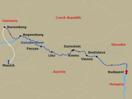 9 Night - Danube in Depth - Scenic Jewel - Starting in Munich / Nuremberg, Nuremberg, Regensburg, Passau, Linz, Durnstein / Krems, Vienna, Vienna / Bratislava, Budapest itinerary map