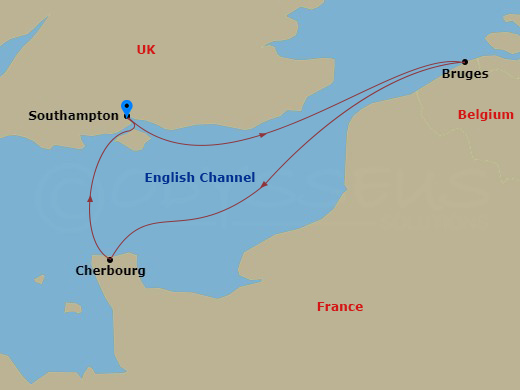 3 Night - Northern Europe - MSC Meraviglia - Starting in Southampton (London), United Kingdom, Zeebrugge (Bruges), Belgium, Cherbourg (Mont Saint-Michel), France, Southampton (London), United Kingdom itinerary map