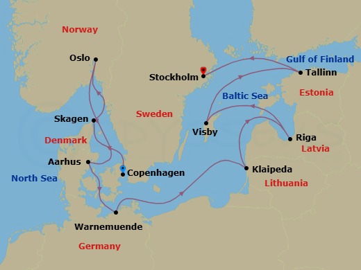 11 Night - Best of Scandinavia Cruise - Jewel of the Seas - Starting in Copenhagen, Denmark, Skagen, Denmark, Oslo, Norway, Aarhus, Denmark, Berlin (Warnemunde), Germany, Klaipeda, Lithuania, Riga, Latvia, Visby, Sweden, Tallinn, Estonia, Stockholm, Sweden itinerary map