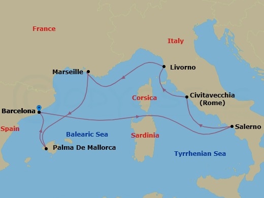 7 Night - Europe - Western Mediterranean - Barcelona - Norwegian Bella - Starting in Barcelona, Spain, Amalfi Coast (Salerno), Italy, Civitavecchia Rome, Italy, Livorno / Florence / Pisa, Italy, Provence, Marseille, France, Palma Majorca, Spain, Barcelona, Spain itinerary map