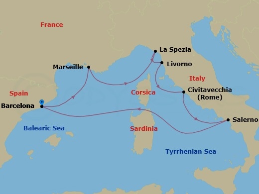 7 Night - Europe - Western Mediterranean - Barcelona - Norwegian Bella - Starting in Barcelona, Spain, Provence, Marseille, France, La Spezia, Italy, Livorno / Florence / Pisa, Italy, Civitavecchia Rome, Italy, Amalfi Coast (Salerno), Italy, Barcelona, Spain itinerary map