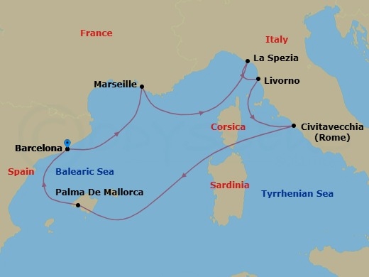 7 Night - Europe - Western Mediterranean - Barcelona - Norwegian Bella - Starting in Barcelona, Spain, Provence, Marseille, France, La Spezia, Italy, Livorno / Florence / Pisa, Italy, Civitavecchia Rome, Italy, Palma Majorca, Spain, Barcelona, Spain itinerary map