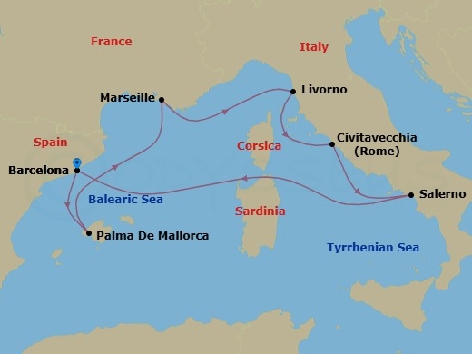 7 Night - Europe - Western Mediterranean - Barcelona - Norwegian Bella - Starting in Barcelona, Spain, Palma Majorca, Spain, Provence, Marseille, France, Livorno / Florence / Pisa, Italy, Civitavecchia Rome, Italy, Amalfi Coast (Salerno), Italy, Barcelona, Spain itinerary map