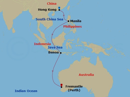 10 Night - Hong Kong to Fremantle - Queen Elizabeth - Starting in Hong Kong, China, Manila, Philippines, Bali, Indonesia, Fremantle (tours to Perth), WA, Australia itinerary map