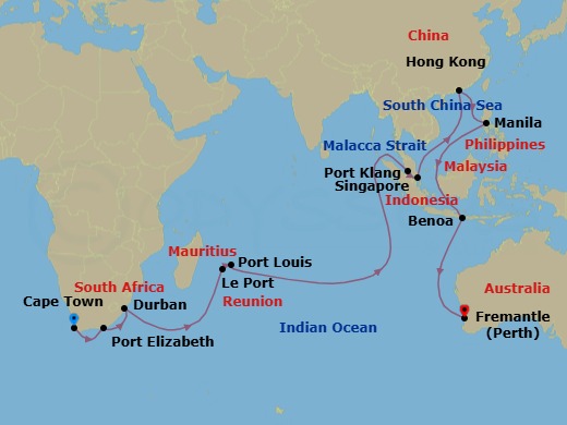 34 Night - Cape Town to Fremantle - Queen Elizabeth - Starting in Cape Town, South Africa, Gqeberha (Port Elizabeth ZA), South Africa, Durban, South Africa, Le Port, Reunion, Port Louis, Mauritius, Port Klang, MY, Singapore, Hong Kong, China, Manila, Philippines, Bali, Indonesia, Fremantle (tours to Perth), WA, Australia itinerary map
