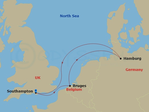5 Night - Zeebrugge and Hamburg - Queen Mary 2 - Starting in Southampton, England, UK, Zeebrugge (tours to Bruges), Belgium, Hamburg, Germany, Southampton, England, UK itinerary map