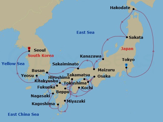 24 Night - Japan Intensive Combination Cruise : Hakodate, Osaka & Kochi - Azamara Pursuit - Starting in Tokyo, Hakodate, Sakata, Kanazawa, Maizuru, Sakaiminato, Busan, Kitakyushu, Hiroshima, Tokushima, Osaka, Takamatsu, Kochi, Hiroshima, Beppu, Miyazaki (Aburatsu), Kagoshima, Nagasaki, Fukuoka, Yeosu, Seoul (Incheon) itinerary map